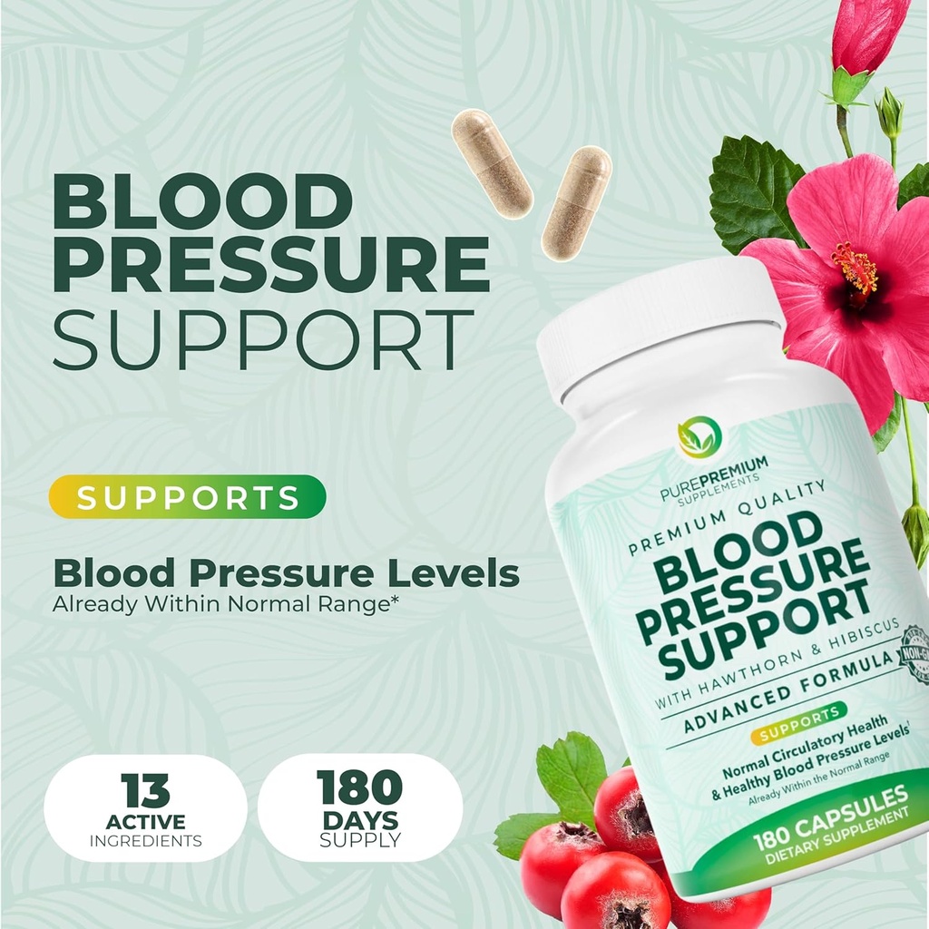 PurePremium Blood Pressure Supplements with Hawthorn Berry, Hibiscus, Garlic & Vitamin B12- Nitric Oxide Supplement for Normal Heart Health, Circulation Health & Blood Pressure Support - 180ct 3