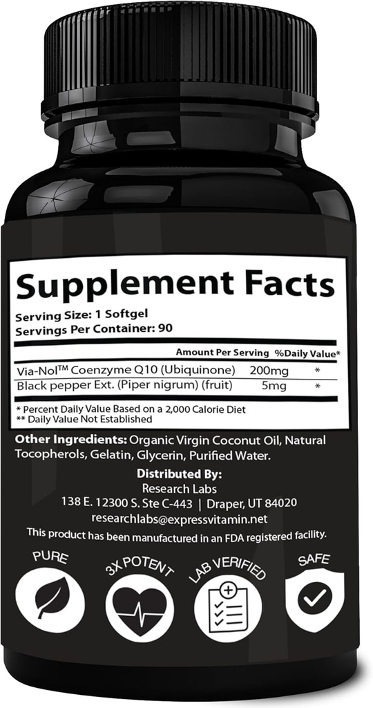Research Labs Advanced Absorption 200mg CoQ10 w/Black Pepper Extract. 90 Softgels. Organic, Gluten Free, Heart Health Support, Energy Production, Antioxidant Supplement 6