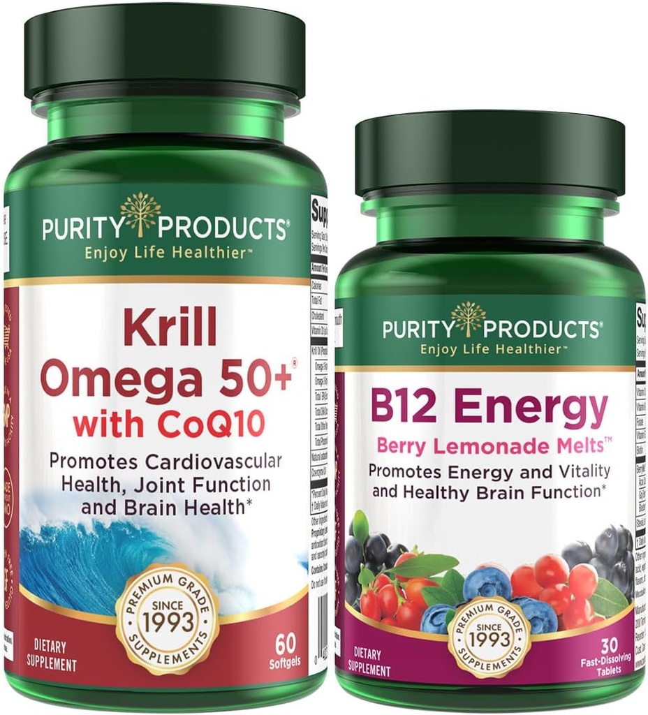 Purity Products Bundle - Krill Omega 50+ with CoQ10 + B-12 Energy Melt - Krill Omega 50+ with CoQ10 (Krill Oil, Fish Oil, CoQ10, Vitamin D) B-12 Berry Melt (Methylcobalamin B12 + B6 + D3 + More) 2