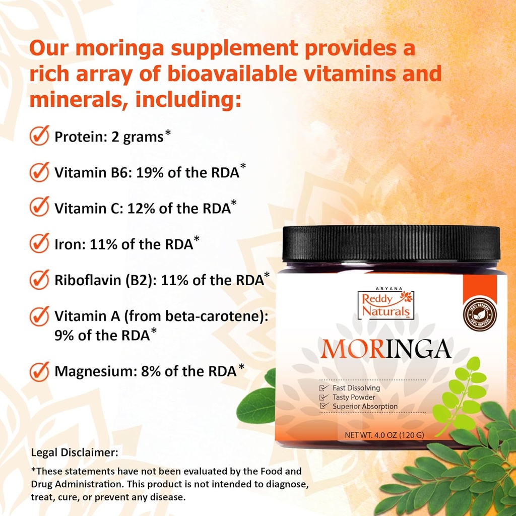 Reddy Naturals Aryana Moringa Powder - Organic Moringa Leaf Extract Superfood Powder – Great-Tasting, Fast-Dissolving Moringa – 4.2 oz (120 g) 4