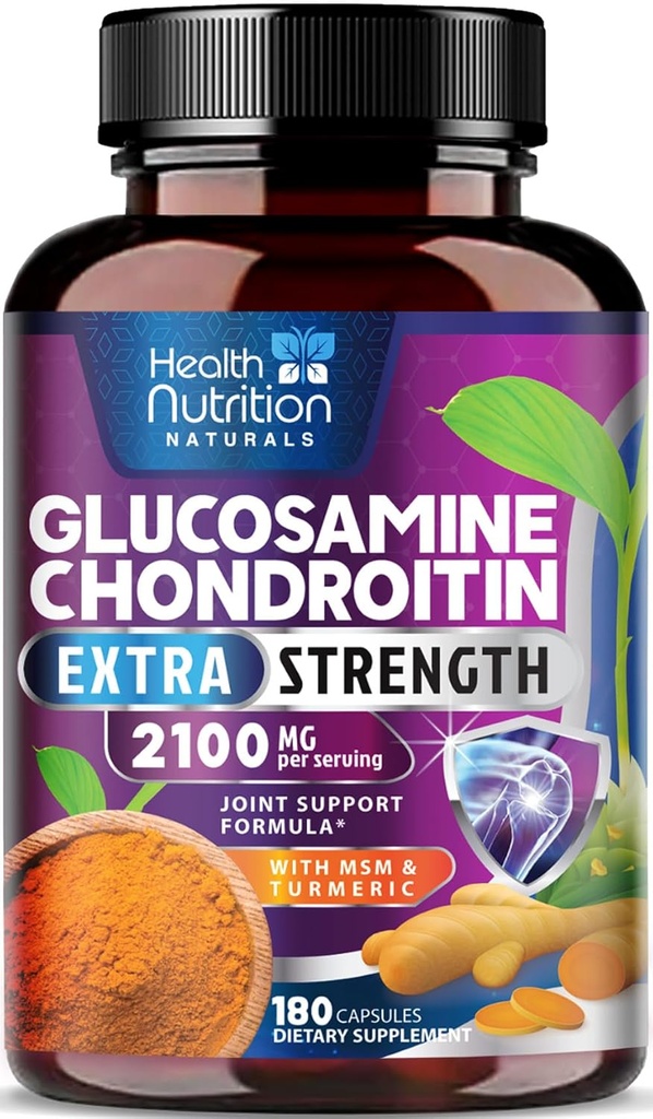 Glucosamine Chondroitin 2100mg - 3X Strength Joint Support Supplement with MSM, Glucosamine Sulfate, Turmeric, Boswellia, Quercetin for Cartilage, Flexibility & Mobility, Bottled in USA, 180 Capsules 2