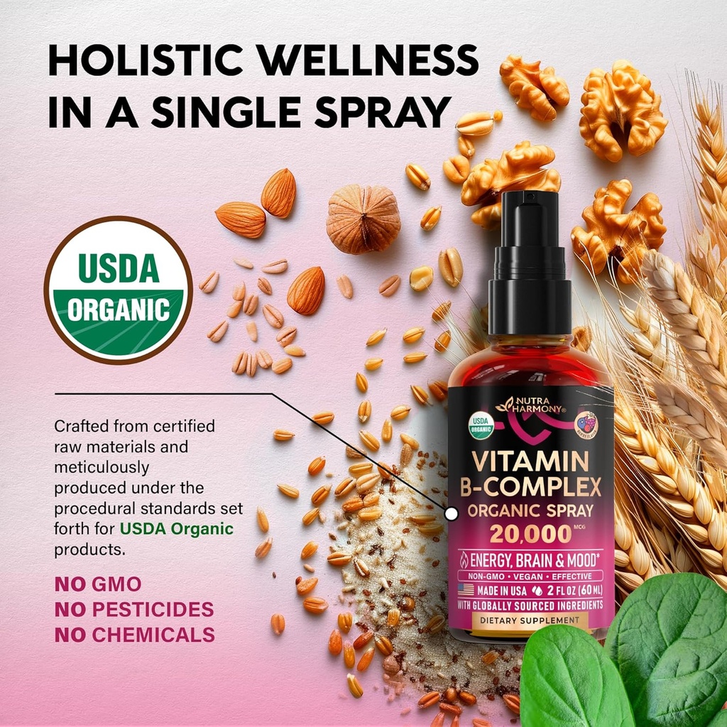 USDA Organic Vitamin B-Complex Liquid Spray 8-in-1 - B5 Pantothenic Acid | B12 Methylcobalamin | B1 Thiamine | B6 Pyridoxine | B7 Biotin | B9 Folic | B3 Niacinamide - Made in USA Supplement, 2fl oz 5