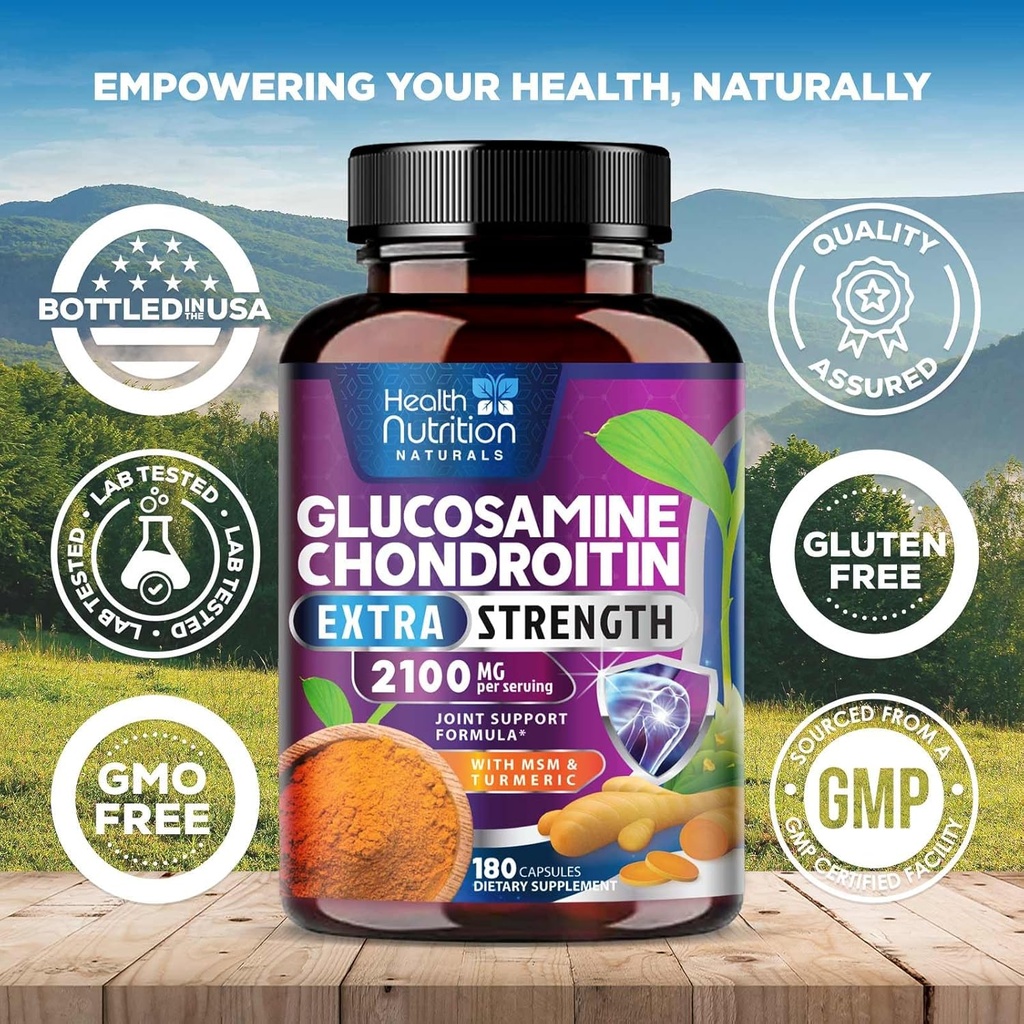 Glucosamine Chondroitin 2100mg - 3X Strength Joint Support Supplement with MSM, Glucosamine Sulfate, Turmeric, Boswellia, Quercetin for Cartilage, Flexibility & Mobility, Bottled in USA, 180 Capsules 5
