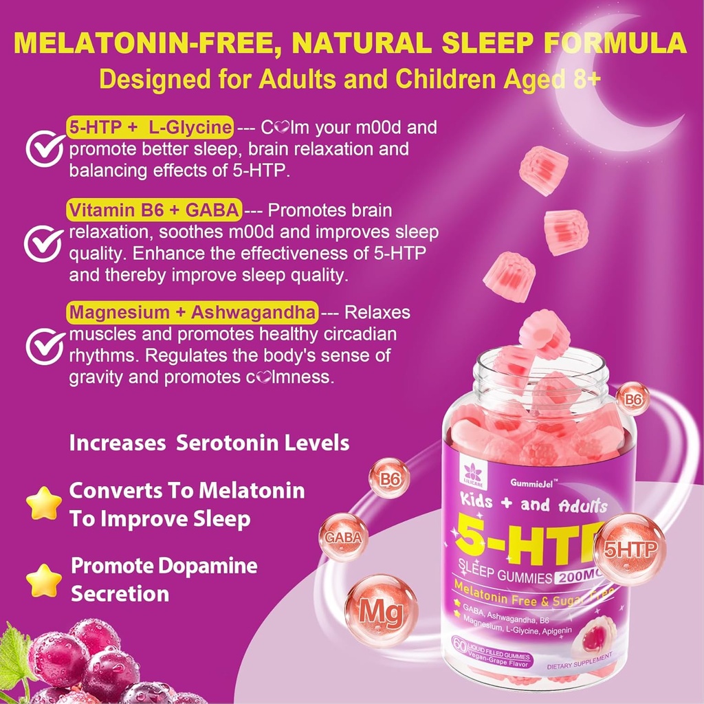 5HTP Gummies for Adults & Kids 8+, Melatonin Free Gummies with Magnesium Glycinate, GABA, L-Glycine, Ashwagandha, Vitamin B6 for Delicious Zzzs, Brain & Muscle Relaxation, 0 Sugar 60 Count (Pack of 1) 4