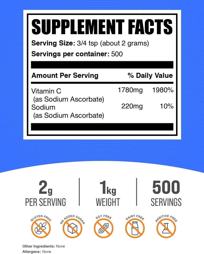 BulkSupplements.com Sodium Ascorbate Powder - for Immune Support, Sodium Ascorbate Vitamin C - Buffered Vitamin C, Gluten Free, 2g per Serving, 1kg (2.2 lbs) (Pack of 1) 3