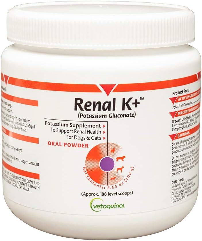 Vetoquinol Renal K+ (Potassium Gluconate) Potassium Supplement Powder for Dogs and Cats, 3.5oz 2