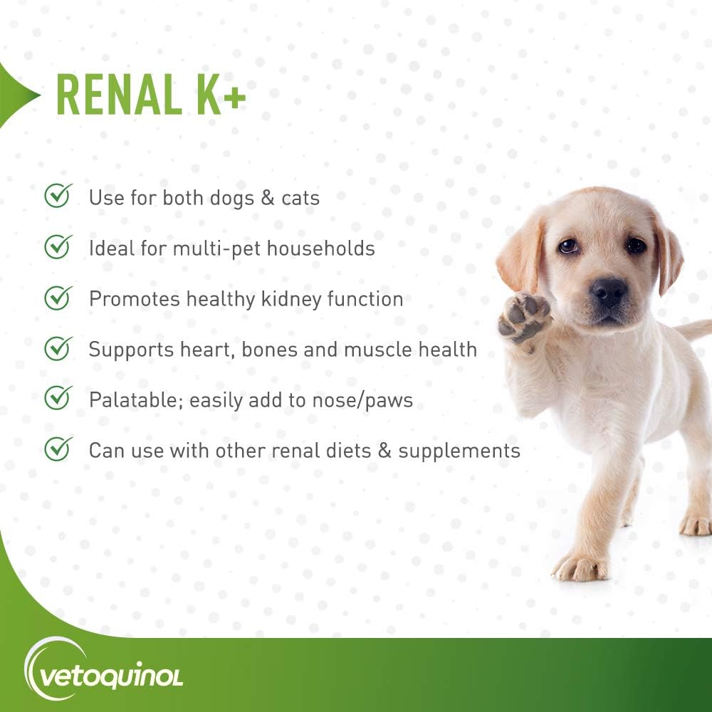 Vetoquinol Renal K+ (Potassium Gluconate) Potassium Supplement Powder for Dogs and Cats, 3.5oz 3