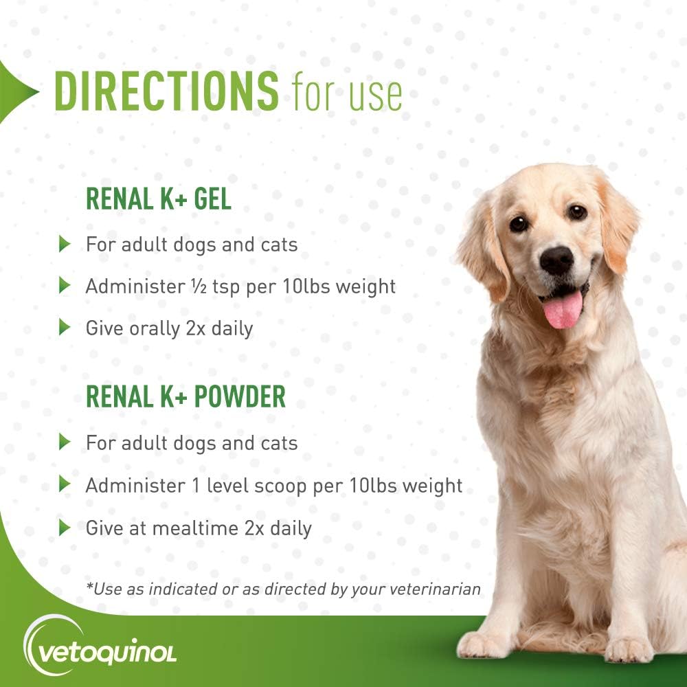 Vetoquinol Renal K+ (Potassium Gluconate) Potassium Supplement Powder for Dogs and Cats, 3.5oz 6
