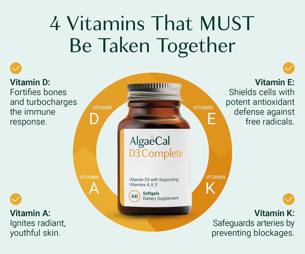 ALGAECAL 4-in-1 Vitamin D3 K2 Complete - ADK Vitamin Supplement, Enhanced Immune Support & Bone Health with D3 K2, A, & E - Whole Body Wellness & Bone Strength, 60 Easy-Swallow Softgels 4