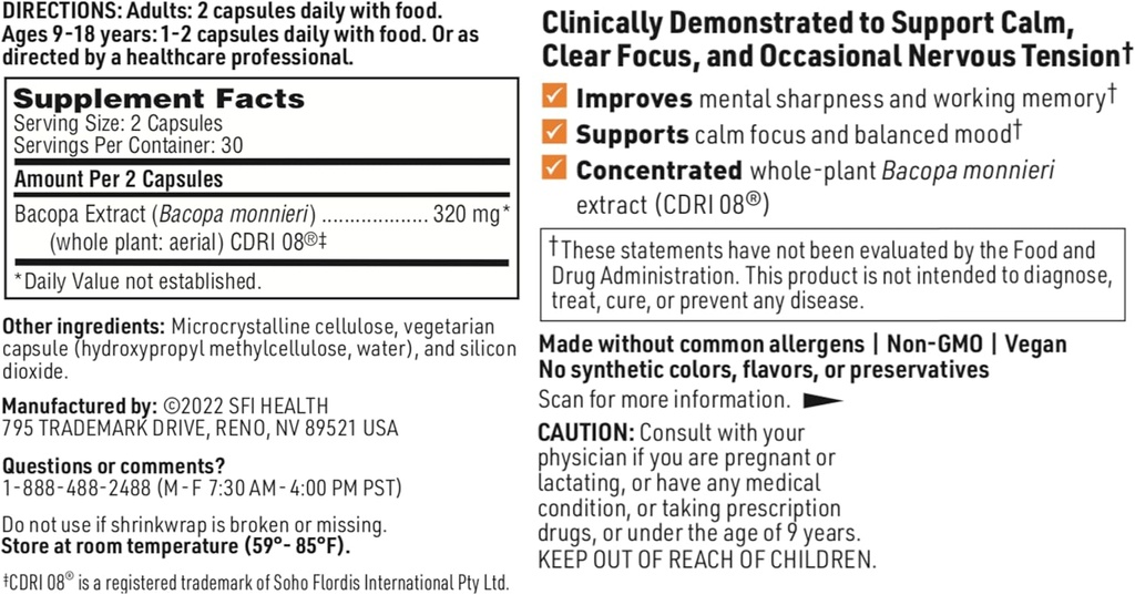 Klaire Labs SFI Health Acumen - Cognitive Support Supplement with Bacopa Monnieri Extract - Memory Support - Gluten-Free & Hypoallergenic Bacopa Capsules for Adults & Kids 7+ (60 Capsules) 6