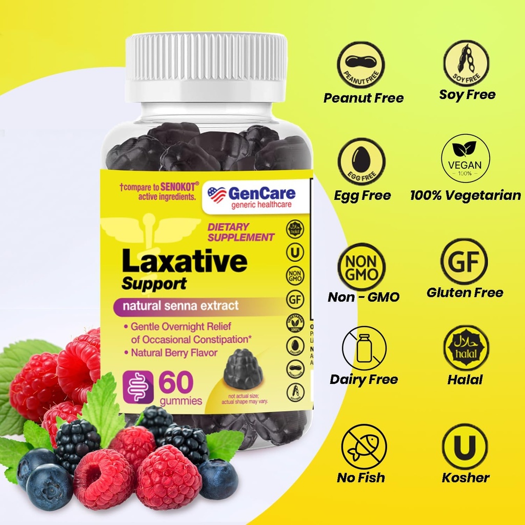 GenCare - Laxative Support Gummies with Natural Senna Extract (60 Gummies) - Gentle Overnight Relief of Occasional Constipation for Adults and Children 6 and Older - Non GMO Vegetable Laxative 4
