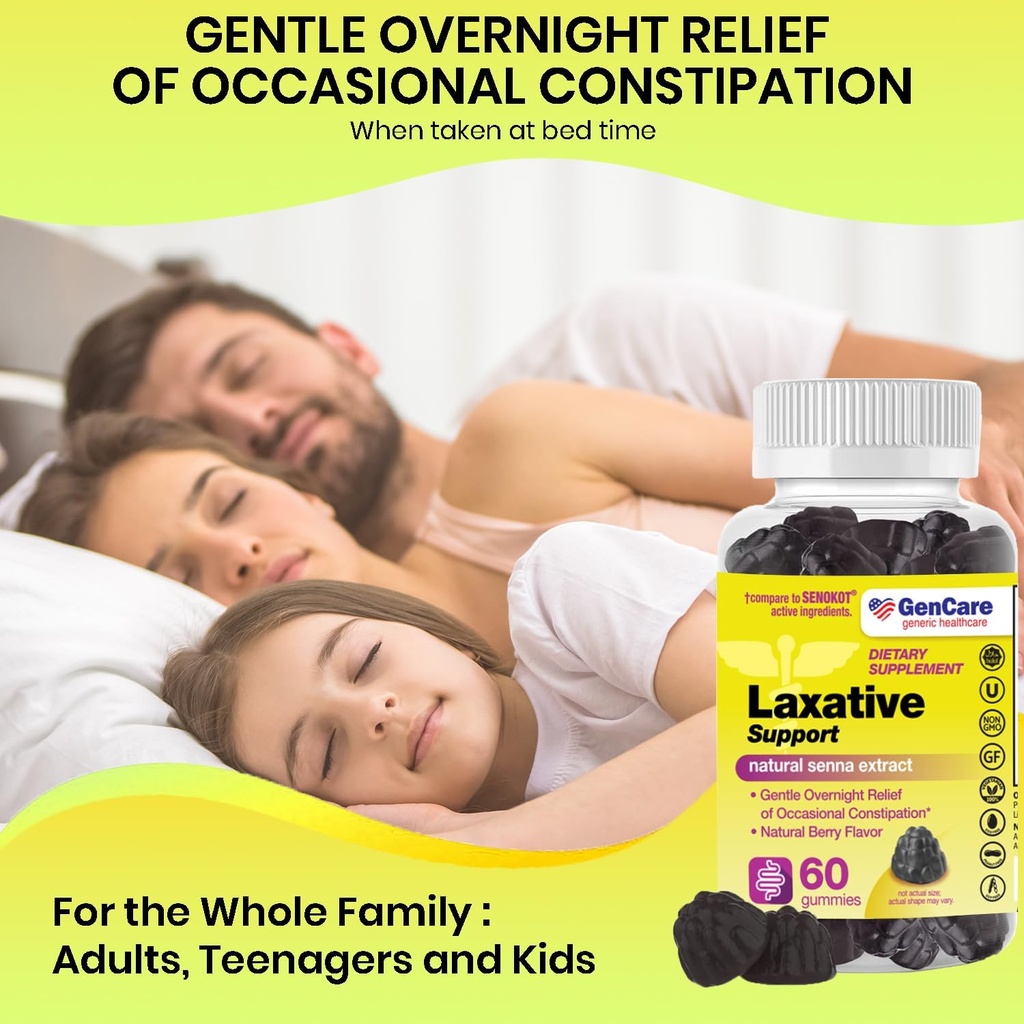 GenCare - Laxative Support Gummies with Natural Senna Extract (60 Gummies) - Gentle Overnight Relief of Occasional Constipation for Adults and Children 6 and Older - Non GMO Vegetable Laxative 5