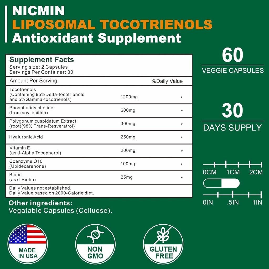 1200MG Vitamin E Tocotrienols Liposomal Tocotrienols Supplement with Phosphatidylcholine, 95% Delta-tocotrienols and 5% Gamma-tocotrienols, High Absorption for Heart, Brain Function 120 Capsules 3