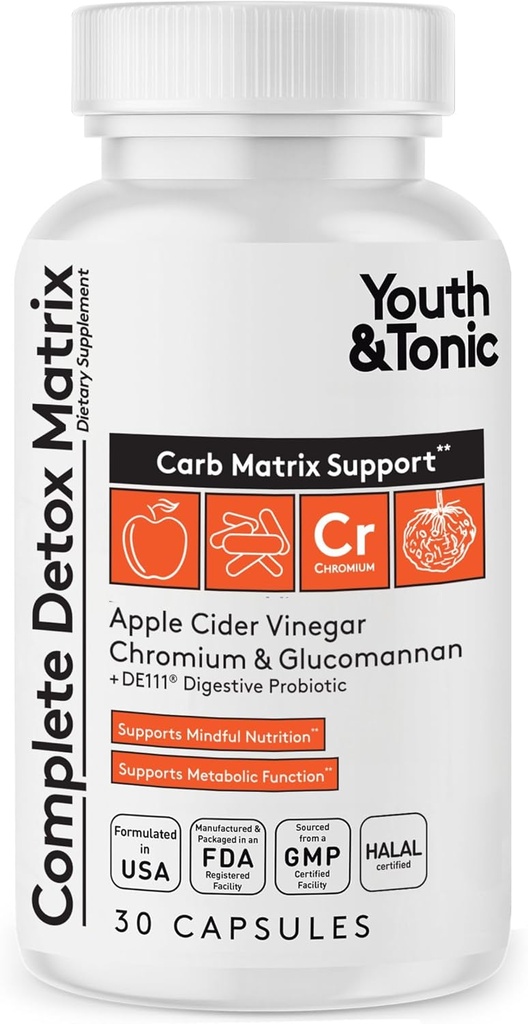 Youth & Tonic Balanced Detox Pills as Complete Gut Cleanse & Carb Matrix Support with ACV, Glucomannan, Chromium for Body Detoxing & Digestive Health, Supplement for Men & Women, Third-Party Tested 2