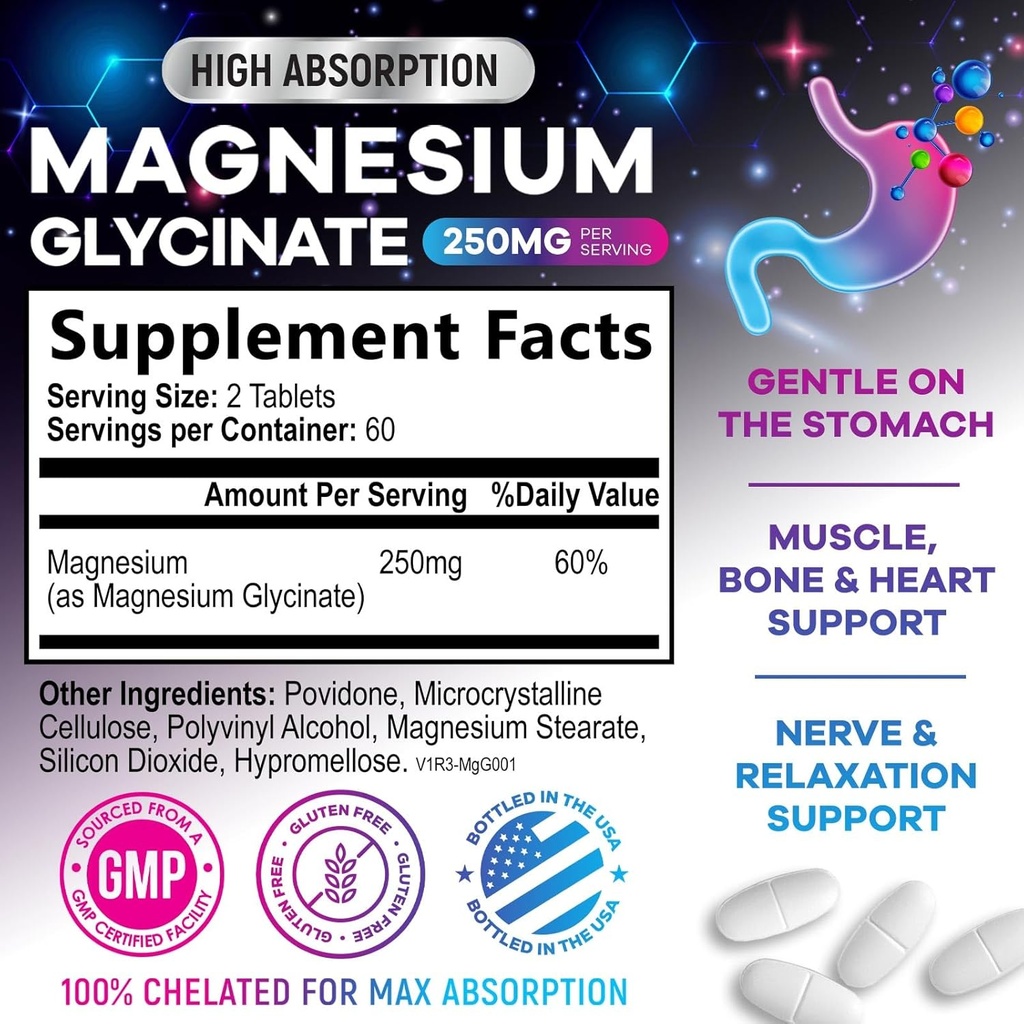 Magnesium Glycinate Chelated for Max Absorption - Supports Bone, Muscle, Nerves & Heart Health, Nature's Sleep and Stress Support, Best Magnesium Supplement Pills for Whole Body Support - 120 Tablets 3