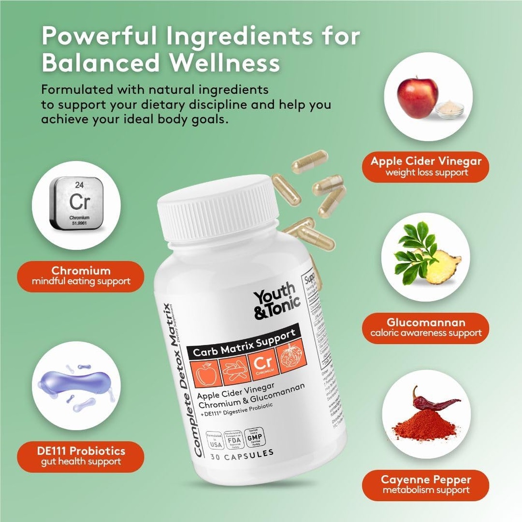 Youth & Tonic Balanced Detox Pills as Complete Gut Cleanse & Carb Matrix Support with ACV, Glucomannan, Chromium for Body Detoxing & Digestive Health, Supplement for Men & Women, Third-Party Tested 6