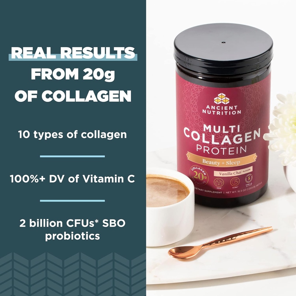 Ancient Nutrition Collagen Powder Protein, Multi Collagen Protein Beauty + Sleep with Vitamin C, Vanilla Chai, Hydrolyzed Collagen Peptides Supports Skin and Nails, Sleep, 16.1oz 4