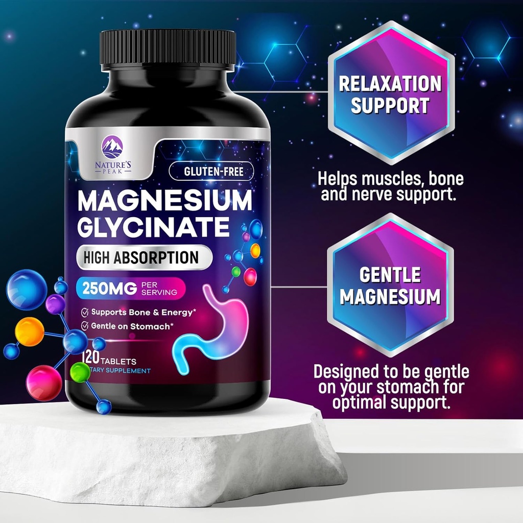 Magnesium Glycinate Chelated for Max Absorption - Supports Bone, Muscle, Nerves & Heart Health, Nature's Sleep and Stress Support, Best Magnesium Supplement Pills for Whole Body Support - 120 Tablets 6