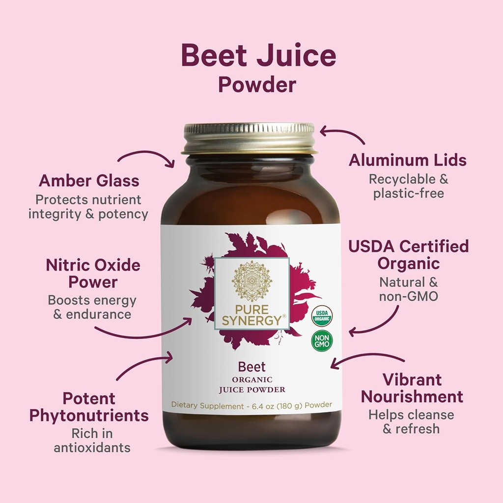 PURE SYNERGY Organic Beet Juice Powder | Pre-Workout Supplement | Organic Beet Root Juice Powder | for Healthy Circulation, Exercise, and Detoxification (6.4 oz.) 4