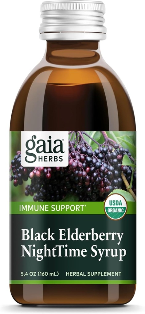 Gaia Herbs Black Elderberry, NightTime Syrup - Immune Support Supplement - With Organic Black Elderberries, California Poppy & Lemon Balm for Restful Sleep & Immune Defense - 5.4 Fl Oz (32-Day Supply) 2
