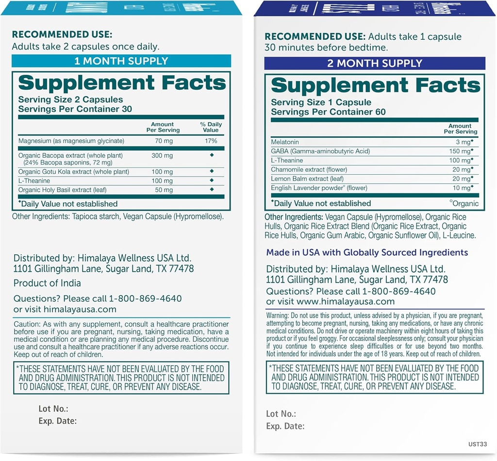 Himalaya Hello Calm Mind with Bacopa for Relaxation, Focus and Concentration & Hello ZZZs with Melatonin for Sleep Support, 60 Capsules Each - Bundle 3