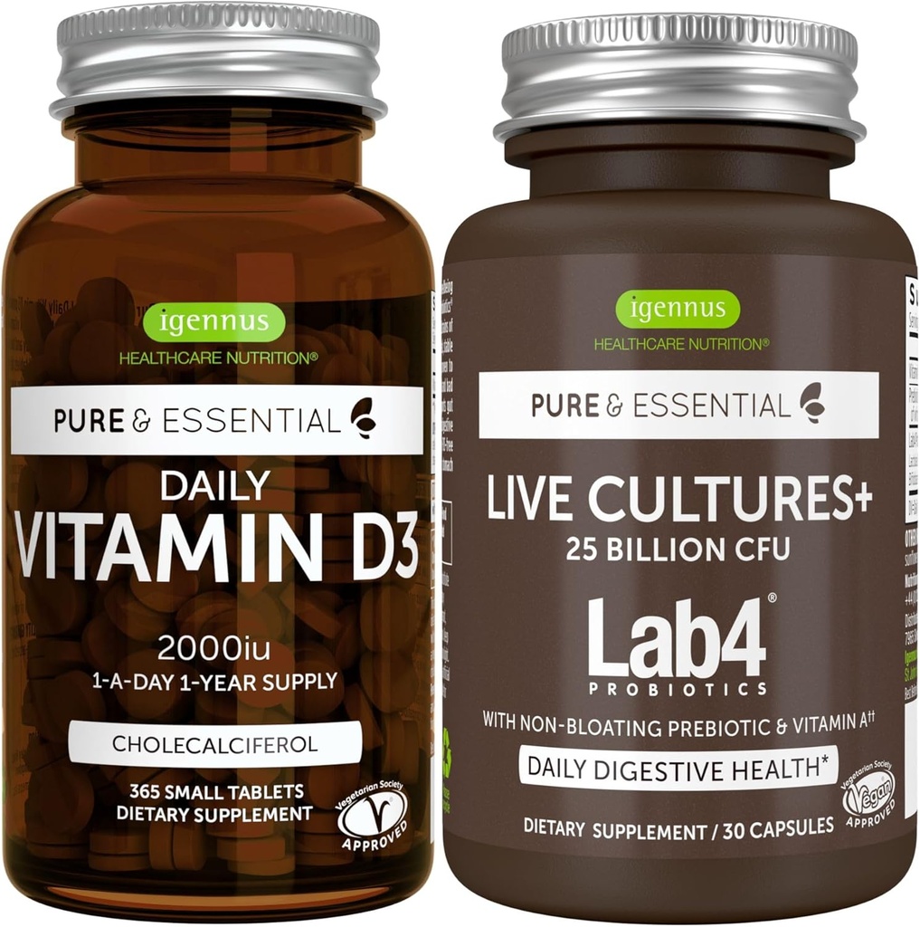 Daily Vitamin D3 + Live Cultures+ Lab4 Probiotics Bundle, 365 2000iu Vitamin D3 Tablets + 25 Billion CFU Lactobacillus Acidophilus & Bifidobacterium with Non-Bloating Prebiotic, by Igennus 2