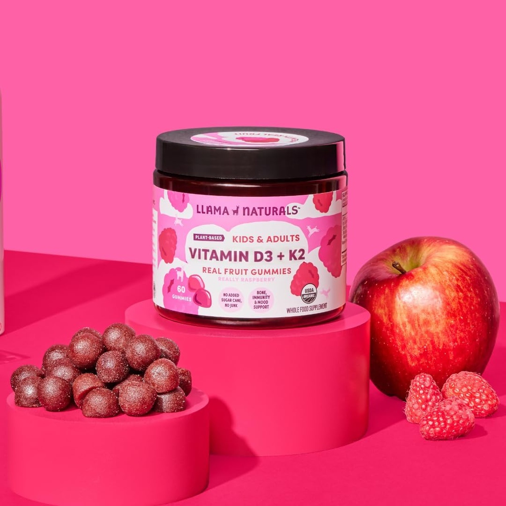 Llama Naturals Vitamin D3, Vegan, Organic Immune Support Supplement, Vitamin D Gummies for Adults and Kids, Real Fruit Gummy Vitamins, Promotes Bone Health, No Added Sugar Cane, Raspberry, 60 Ct 5