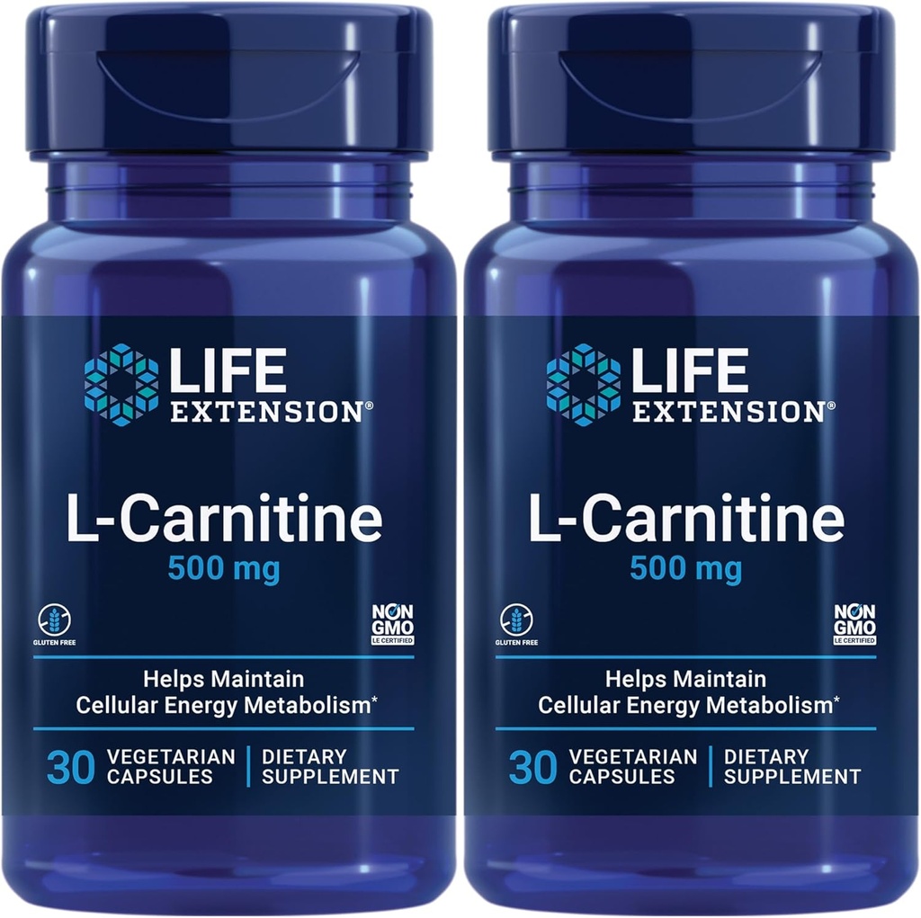 Life Extension L-Carnitine – 500 mg, Energy Supplement, Memory Supplement – Free Form Amino Acid, Nitric Oxide Support – Gluten-Free, Non-GMO, Vegetarian – Two Pack - 2 x 30 Capsules 2