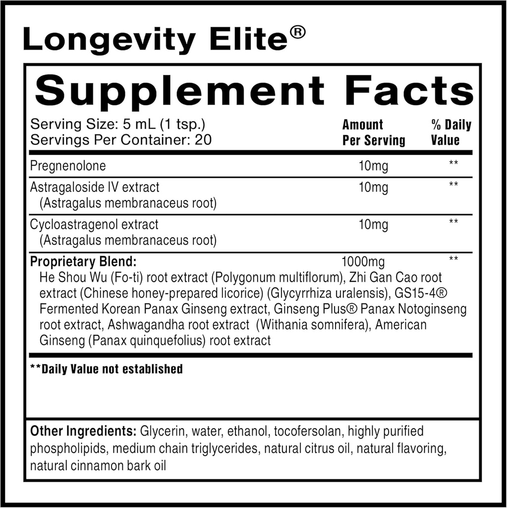 Quicksilver Scientific Longevity Elite - Liposomal Adaptogen + Pregnenolone Tonic - Herbal Supplements Designed for Age Optimization Support While Targeting AMPK, Sirtuins + Telomeres (100ml) 3