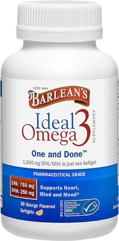 Barlean's Ideal Omega 3 Nutritional Supplement Softgels with 1,000mg EPA/DHA for Heart, Mind, and Mood - Certified Sustainable Seafood, Pharmaceutical Grade - 30-Count 2