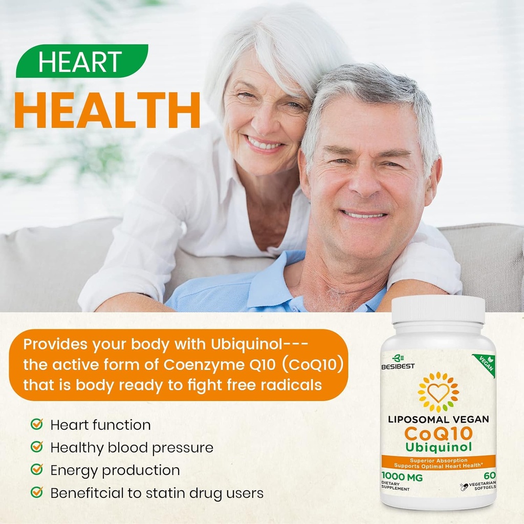 1000mg Liposomal CoQ10 Ubiquinol, 60 Vegan Softgels, High Absorption Ubiquinol CoQ10 Supplement, Active Antioxidant Form of Coenzyme Q10 for Heart Health & Energy Production 5