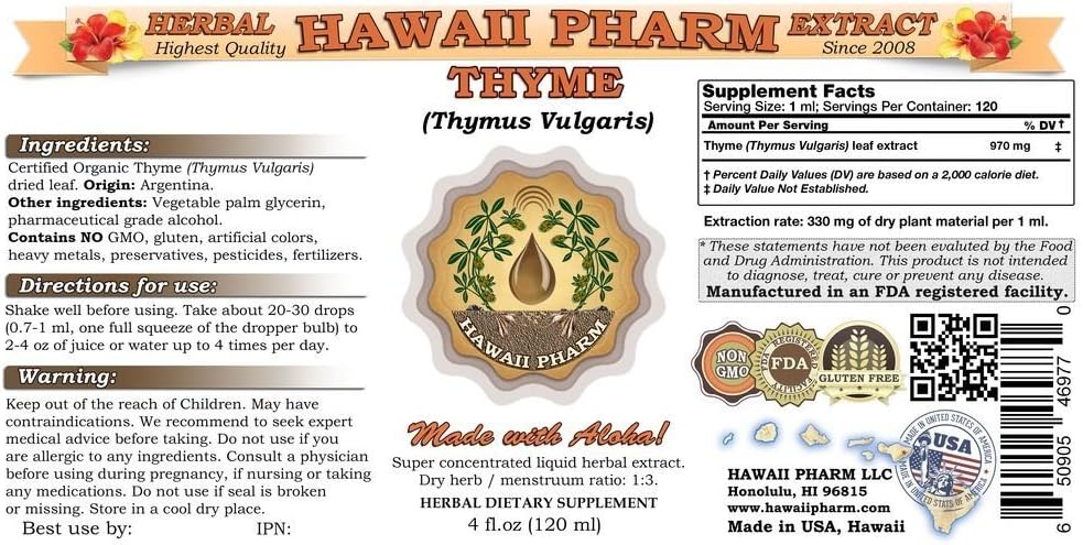 Thyme Liquid Extract, Organic Thyme (Thymus Vulgaris) Tincture, Herbal Supplement, Hawaii Pharm, Made in USA, 2x4 fl.oz 3
