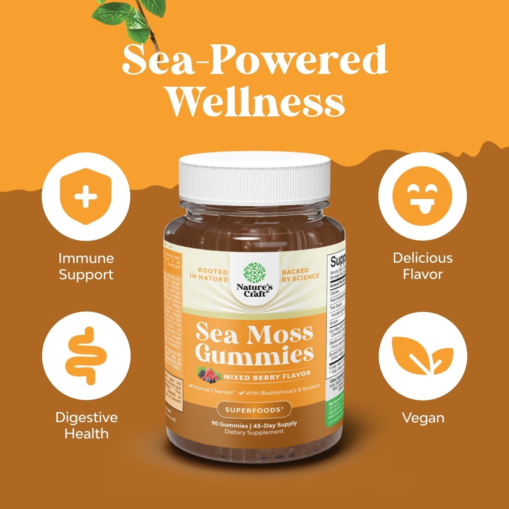 Natures Craft Irish Sea Moss Gummies for Women Men & Kids - Immune Support Supplement with Irish Sea Moss, Bladderwrack & Burdock Root - Detox Gummies for Body Cleanse - 90 Chewable Gums 6