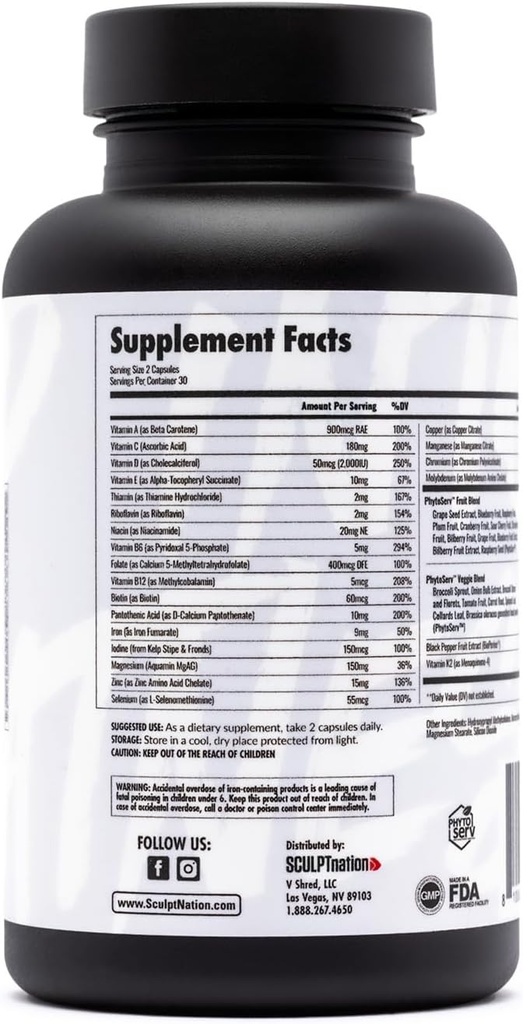 Sculpt Nation by V Shred Multivitamin - Daily Multivitamin for Women and Men with Zinc, Vitamin C, and Copper, Nutritional Support with One Serving of Fruit and Veggies - 60 Capsules 5