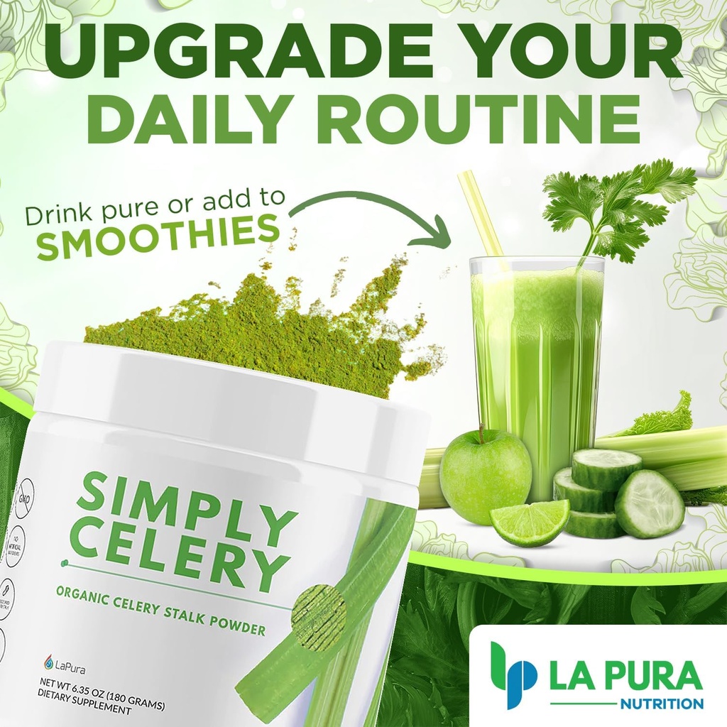 LaPura Organic Celery Powder - Pure Celery Juice Powder for Gut Health Support - Plant Based Green Superfood for Smoothies, Juices, and Recipes - Travel Friendly and Gluten Free, 30 Servings, 6.35 oz 5