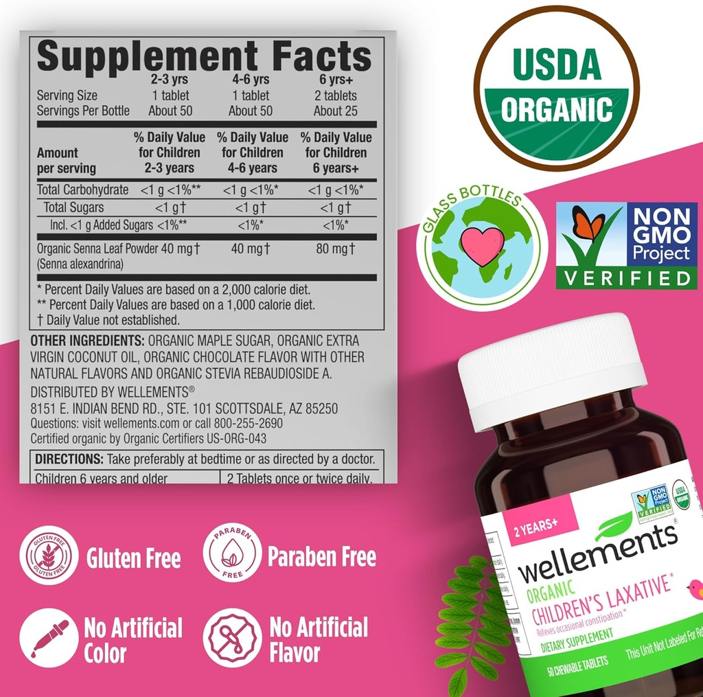 Wellements Organic Children's Laxatives for Constipation (50 Chewable Tablets) | Organic Senna Tablets for 2+ Kids | Non-GMO, USDA Organic, Gluten Free | Natural Laxatives for Constipation Relief* 6