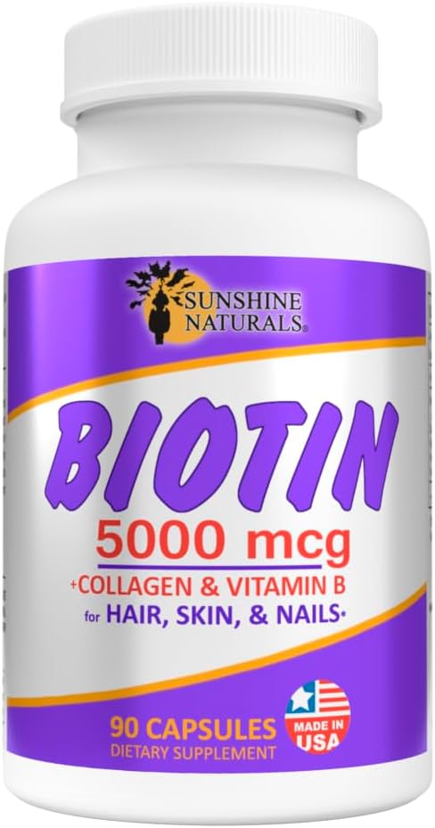 Sunshine Naturals Biotin Dietary Supplement. for Healthier Skin, Thicker Hair, Nail Growth. Collagen, Vitamin A, B for Hair Loss, Beauty, Cell Renewal, Scalp Health. 5000 mcg. 90 Capsules. Pack of 5 3