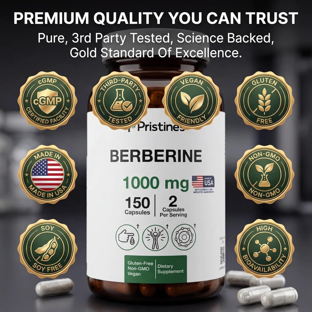 PRISTINE'S Berberine Supplement Capsules - 1000 MG 75 Day Supply 150 Capsules - Heart, & Immunity Health Support Antioxidant - Digestive Tract & Healthy Gut Flora Support 3