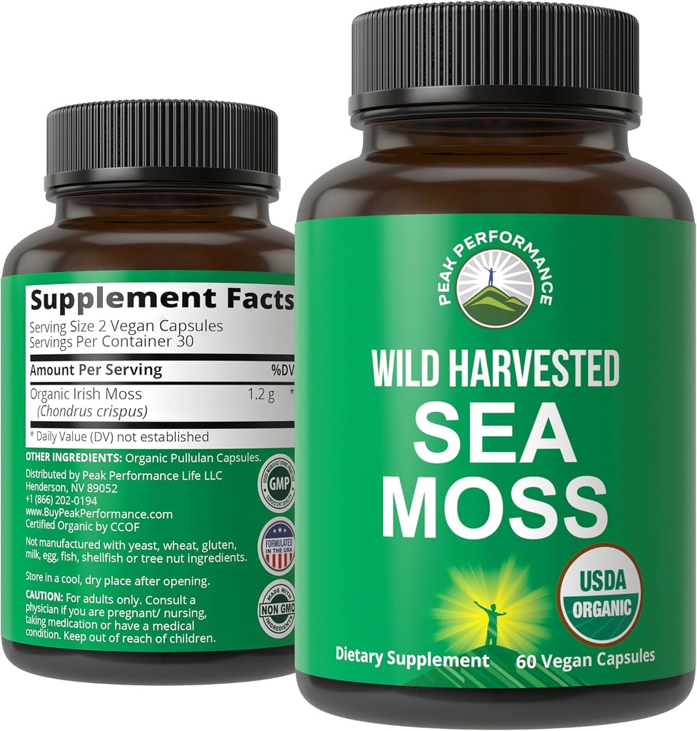 Organic Sea Moss Capsules. Wild Harvested Sea Moss Raw Organic Vegan Supplement from Red Algae Seaweed. 100% Whole Extract Raw Irish SeaMoss Superfood Pills. for Gut, Respiratory, Immune Support. 2