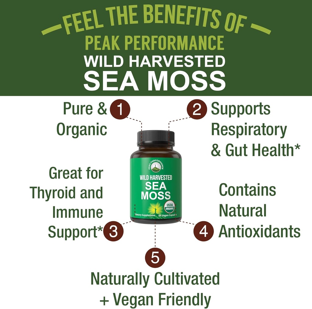 Organic Sea Moss Capsules. Wild Harvested Sea Moss Raw Organic Vegan Supplement from Red Algae Seaweed. 100% Whole Extract Raw Irish SeaMoss Superfood Pills. for Gut, Respiratory, Immune Support. 3