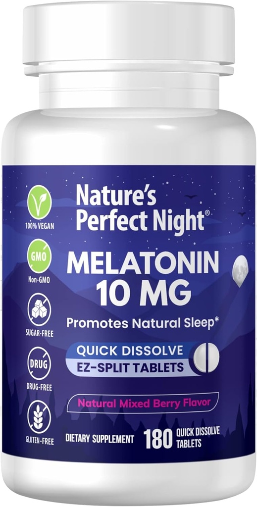 Nature's Perfect Night | Melatonin 10mg | 180 Quick Dissolve Tablets | Natural Mixed Berry Flavor |High Potency | Sugar Free | Vegan | Gluten Free | Value Size 2