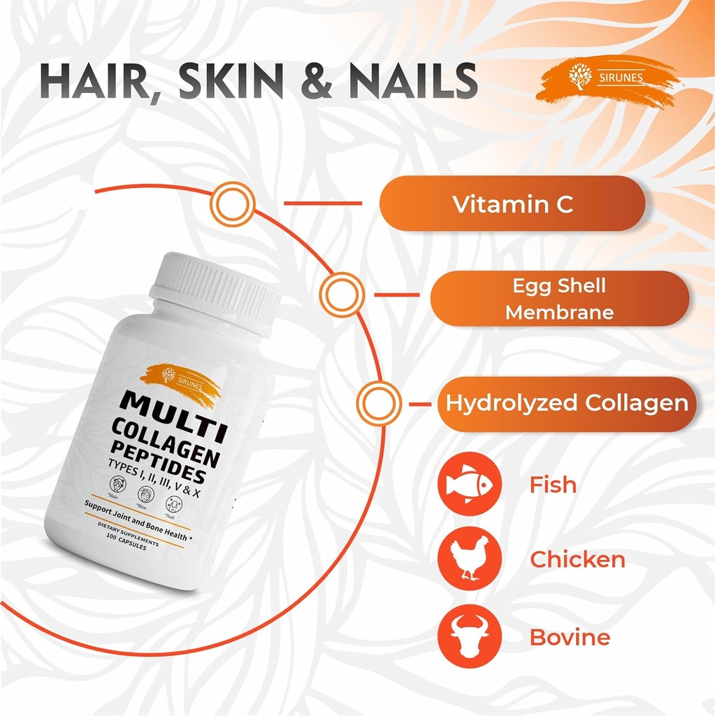SIRUNES Multi Collagen Peptides Capsules - Non-GMO & Gluten Free Type I, II, III, V, X Hydrolyzed Collagen Supplements with Vitamin C - Supports Healthy Hair, Skin, Nails, & Joints - 100 Capsules 5