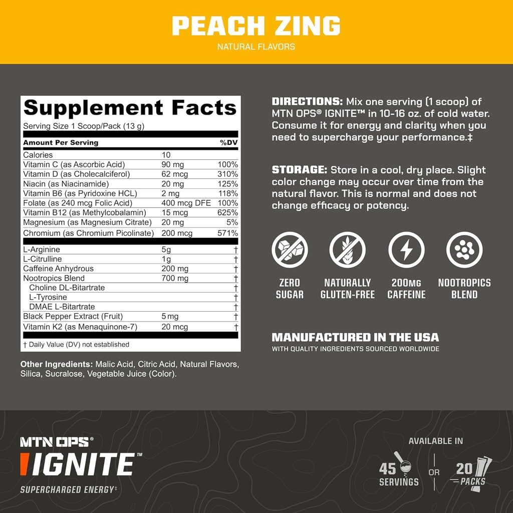 MTN OPS Ignite Energy Drink Powder, Gluten Free Nootropic Supplement Drink Mix, L Arginine, L Citrulline, Caffeine & Nootropic Sugar Free Drink Mix, 45 Servings, Peach Zing 4