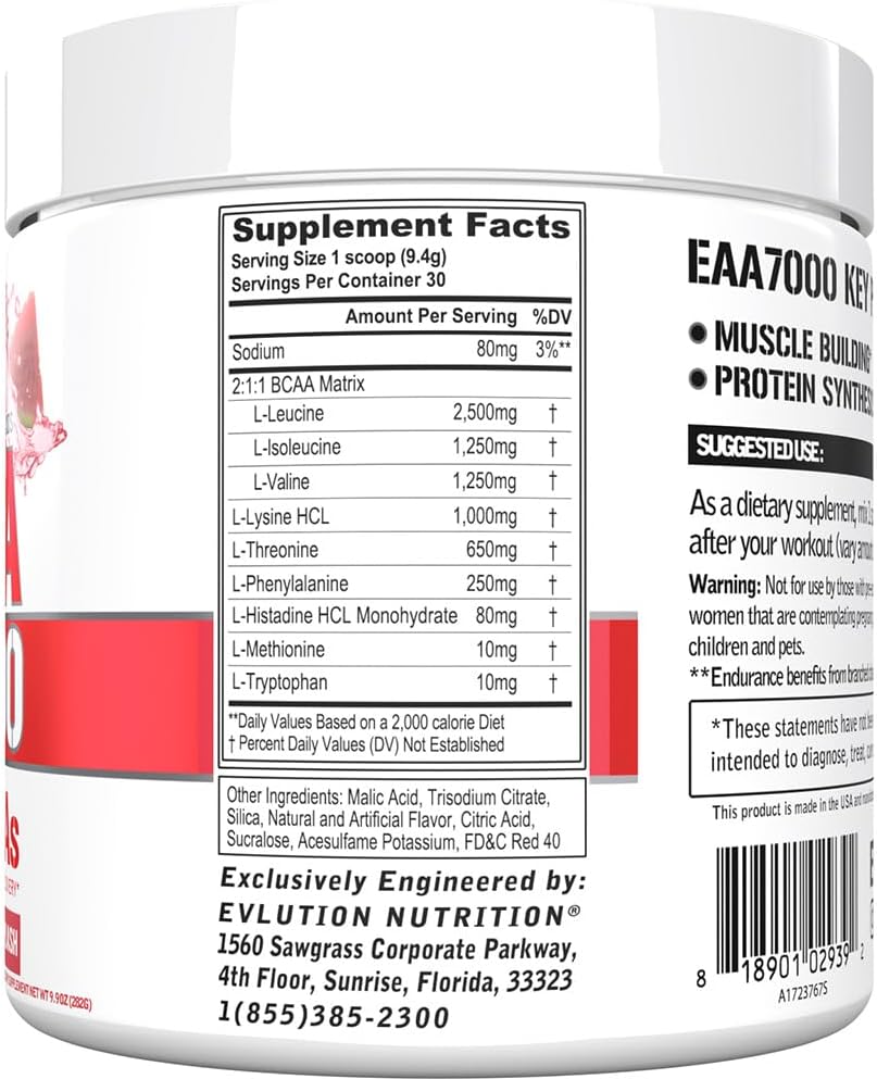 Evlution Nutrition EAA7000 - Pre & Post Workout Powder - Muscle Building + Recovery Supplement - 7g Essential Amino Acids + 5g BCAAs - Endurance + Energy Support - 30 Servings - Watermelon Splash 3