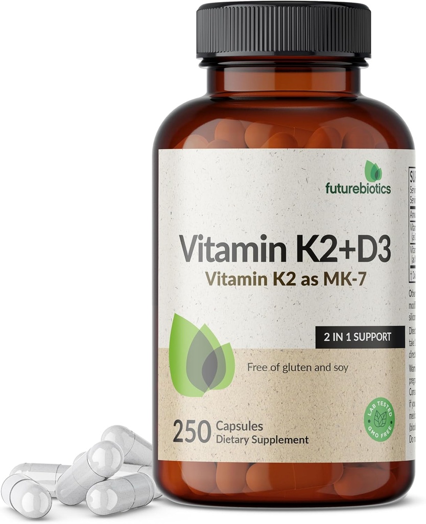 Futurebiotics Vitamin K2 (MK7) with D3 Supplement - Non-GMO Formula - 5000 IU Vitamin D3 & 90 mcg Vitamin K2 MK-7, 250 Vegetarian Capsules 2