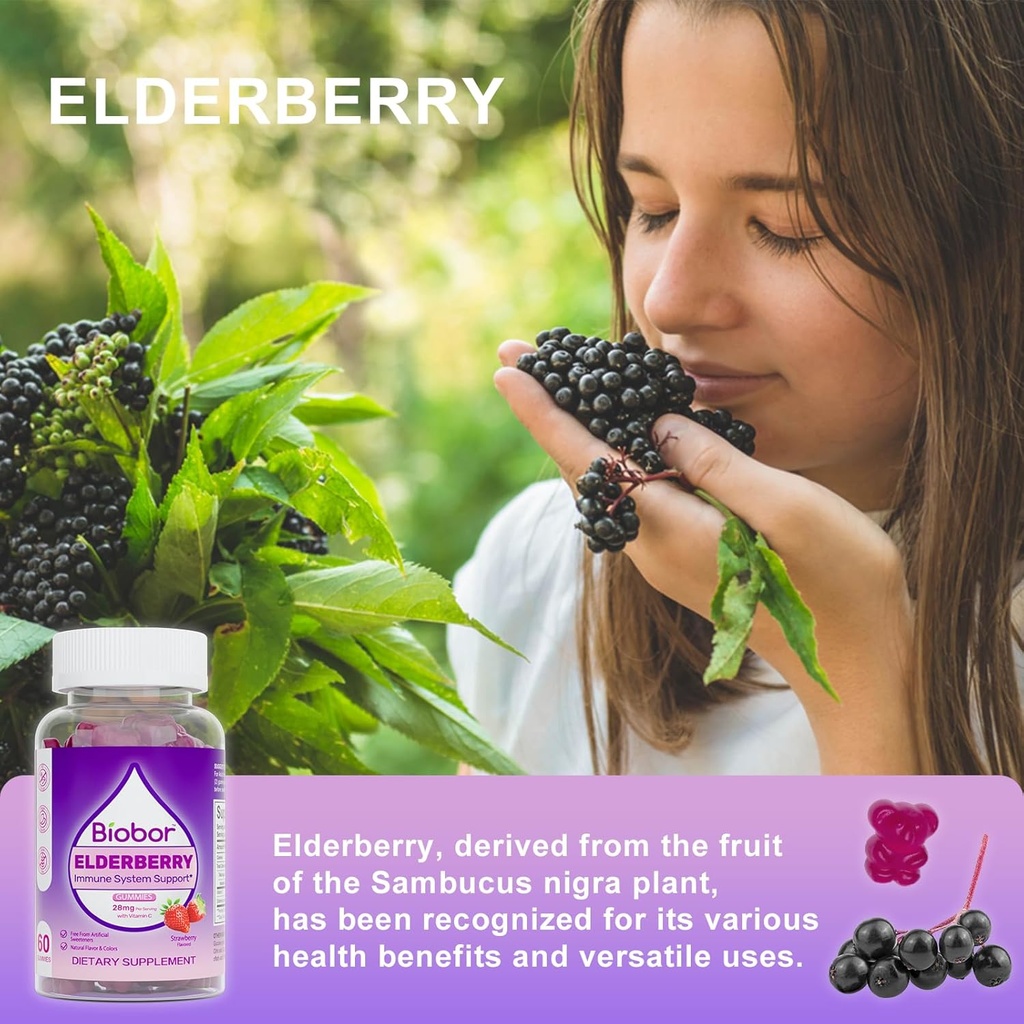 Natural Elderberry Gummies, Daily Immune Support Gummies with Vitamins C for Adults and Children Ages 4 Up, Gluten Free Vegan Elderberry Supplement (Strawberry, 60 Count) 4