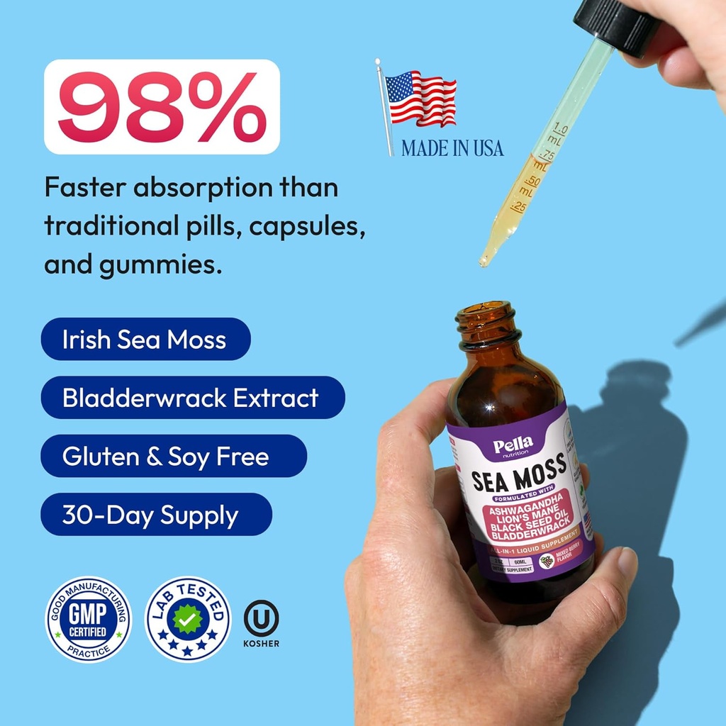 Sea Moss and Ashwagandha Liquid Supplement - Infused with Lion's Mane, Black Seed Oil, and Bladderwrack - Vegan, Easy-to-Mix Formula - Supports Antioxidant Activity & Immune Health (Mixed Berry, 60mL) 4