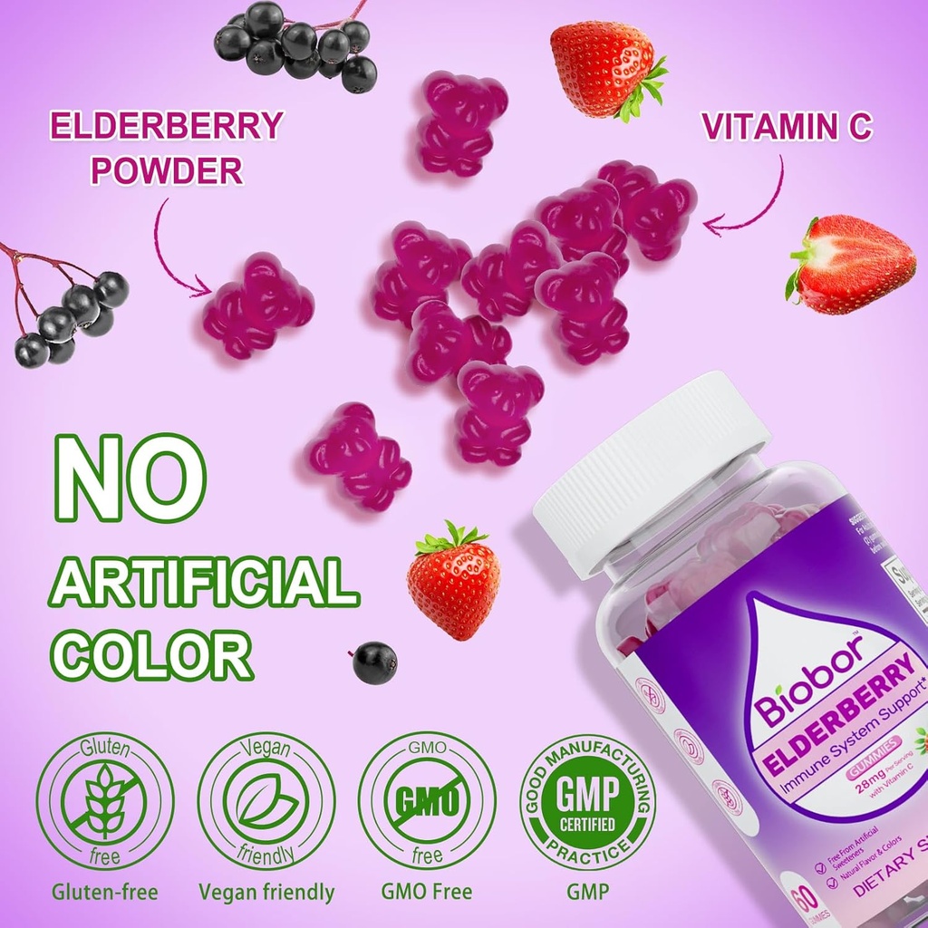 Natural Elderberry Gummies, Daily Immune Support Gummies with Vitamins C for Adults and Children Ages 4 Up, Gluten Free Vegan Elderberry Supplement (Strawberry, 60 Count) 5
