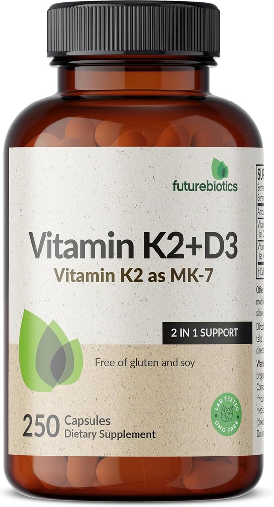Futurebiotics Vitamin K2 (MK7) with D3 Supplement - Non-GMO Formula - 5000 IU Vitamin D3 & 90 mcg Vitamin K2 MK-7, 250 Vegetarian Capsules 6