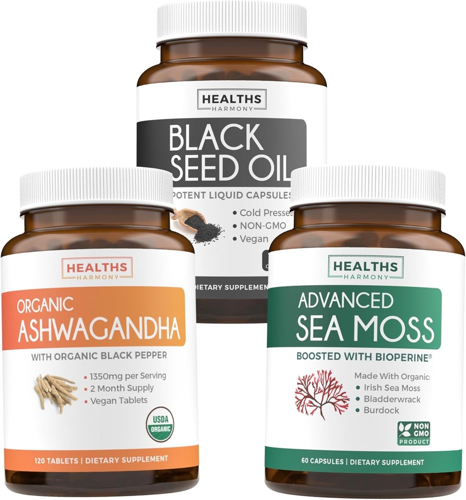 Save $8 (16% Off) - Harmony Essentials: Wellness Trio Bundle - Black Seed Oil -100% Cold-Pressed Nigellia Sativa | Organic Ashwagandha - Natural Adrenal & Thyroid Support | Irish Sea Moss - Vegan 2